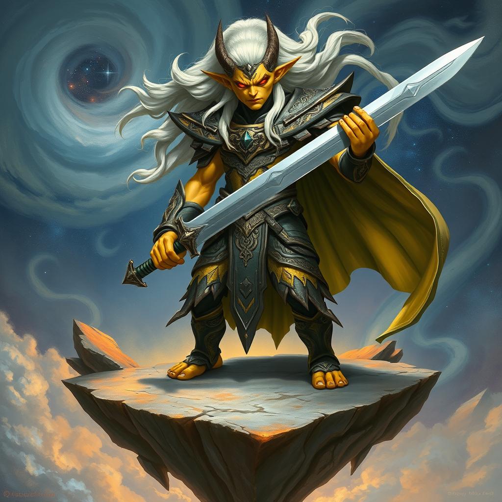 A fearsome Githyanki warrior standing confidently on a floating island in the Astral Plane, holding a silver sword