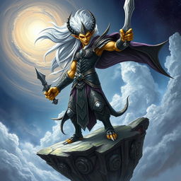 A fearsome Githyanki warrior standing confidently on a floating island in the Astral Plane, holding a silver sword