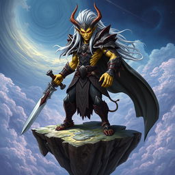 A fearsome Githyanki warrior standing confidently on a floating island in the Astral Plane, holding a silver sword