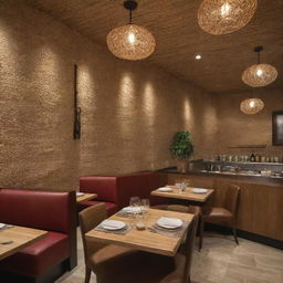 A scene showcasing an authentically Lebanese restaurant with a sophisticated blend of modern and rustic straw-covered interior, creating a distinctive warm ambience.