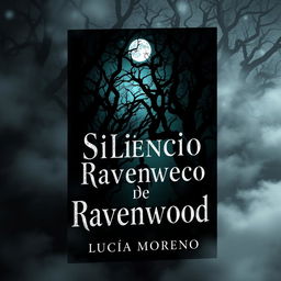 A mysterious book cover for 'El Silencio de Ravenwood' by Lucía Moreno