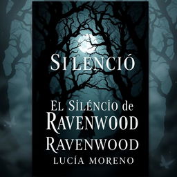 A mysterious book cover for 'El Silencio de Ravenwood' by Lucía Moreno