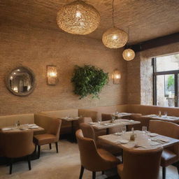 A scene showcasing an authentically Lebanese restaurant with a sophisticated blend of modern and rustic straw-covered interior, creating a distinctive warm ambience.