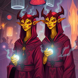 Illustration of twin Githyanki characters from Dungeons and Dragons at a rave, each wearing intricate crimson robes adorned with mystical patterns