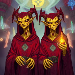 Illustration of twin Githyanki characters from Dungeons and Dragons at a rave, each wearing intricate crimson robes adorned with mystical patterns