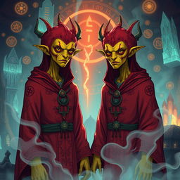 Illustration of twin Githyanki characters from Dungeons and Dragons at a rave, each wearing intricate crimson robes adorned with mystical patterns