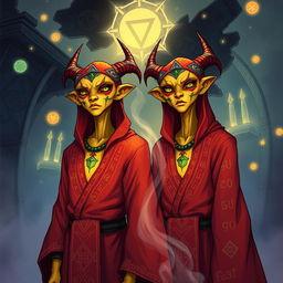 Illustration of twin Githyanki characters from Dungeons and Dragons at a rave, each wearing intricate crimson robes adorned with mystical patterns