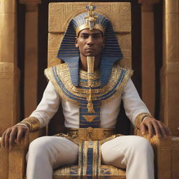 A Pharaoh in golden, detailed regalia, sitting on his ornate throne and intently playing a cutting edge, PlayStation 5 console game.