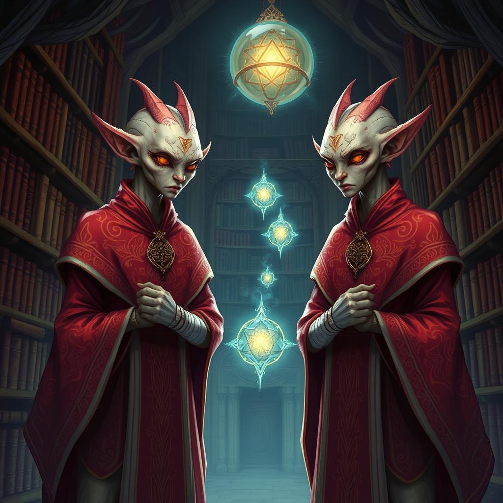 Illustration of identical twin Githyanki characters from Dungeons and Dragons in a mystical library setting