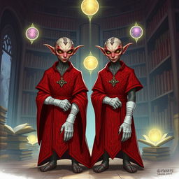 Illustration of identical twin Githyanki characters from Dungeons and Dragons in a mystical library setting