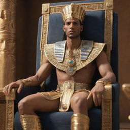 A Pharaoh in golden, detailed regalia, sitting on his ornate throne and intently playing a cutting edge, PlayStation 5 console game.