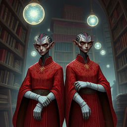 Illustration of identical twin Githyanki characters from Dungeons and Dragons in a mystical library setting