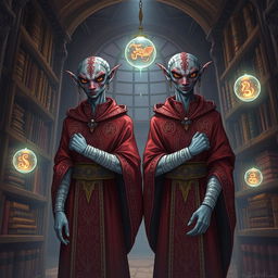 Illustration of identical twin Githyanki characters from Dungeons and Dragons in a mystical library setting