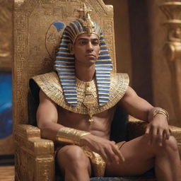 A Pharaoh in golden, detailed regalia, sitting on his ornate throne and intently playing a cutting edge, PlayStation 5 console game.