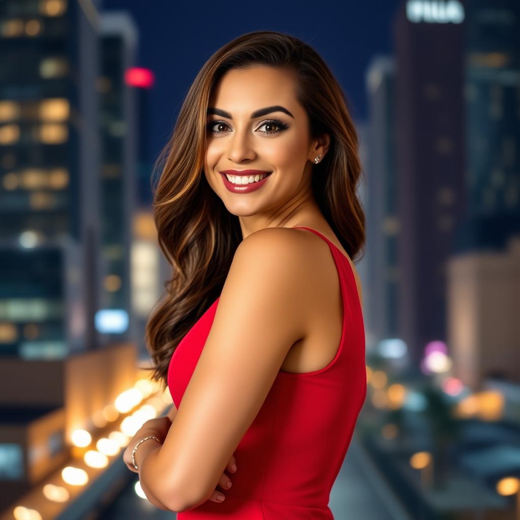 a confident, alluring woman with a captivating smile, wearing a stylish red dress that accentuates her curves, standing in a modern cityscape at night with glowing city lights in the background, exuding elegance and charm in her posture and expression