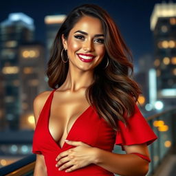 a confident, alluring woman with a captivating smile, wearing a stylish red dress that accentuates her curves, standing in a modern cityscape at night with glowing city lights in the background, exuding elegance and charm in her posture and expression