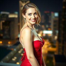 a confident, alluring woman with a captivating smile, wearing a stylish red dress that accentuates her curves, standing in a modern cityscape at night with glowing city lights in the background, exuding elegance and charm in her posture and expression