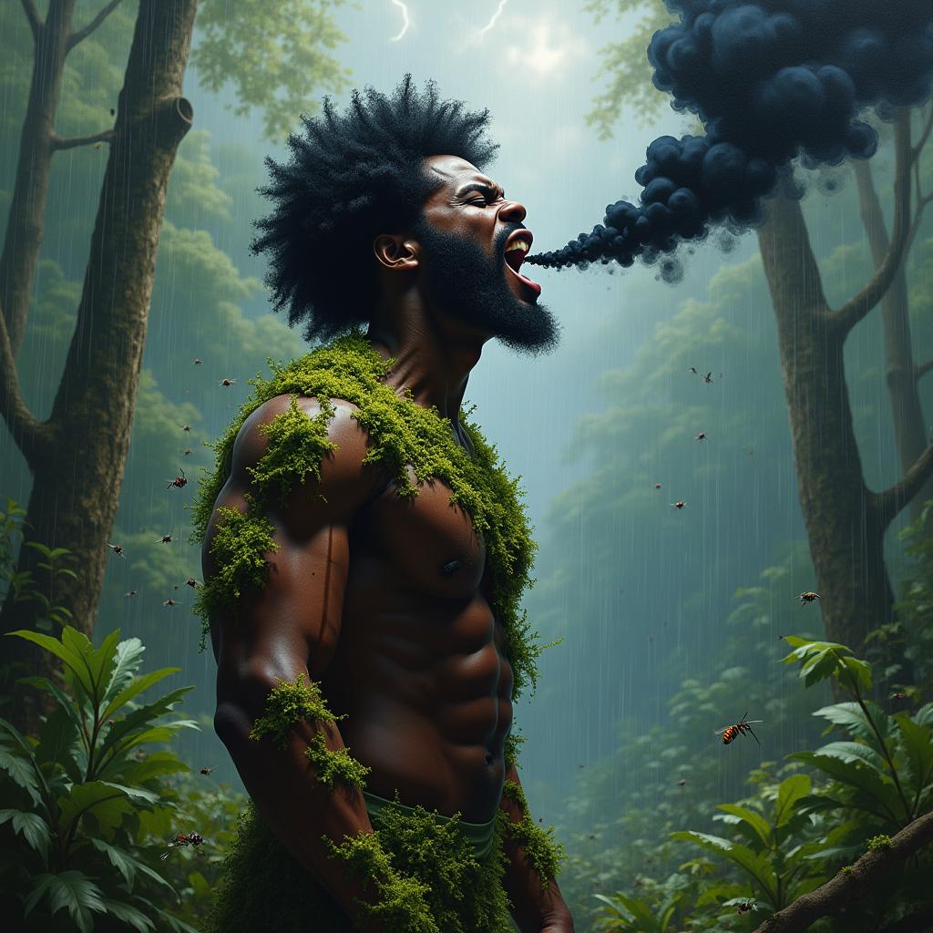 A polished, finished oil-based painting showcasing a full-body macro extremely up-close view of an epic, enraged, and gorgeously ferocious muscular black-skinned man with a striking afro