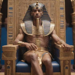 A Pharaoh in golden, detailed regalia, sitting on his ornate throne and intently playing a cutting edge, PlayStation 5 console game.