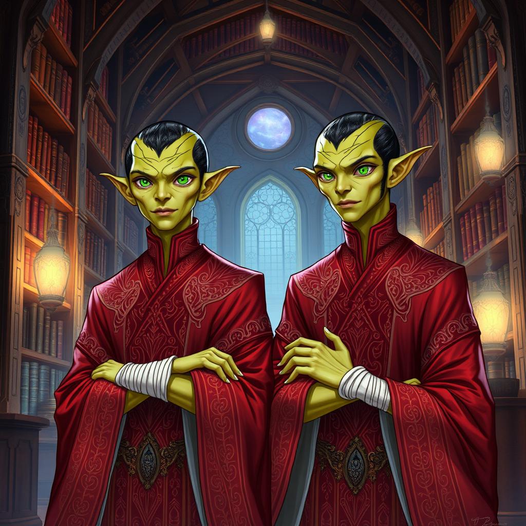 Detailed illustration of two youthful male identical twin Githyanki characters from Dungeons and Dragons