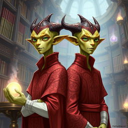 Detailed illustration of two youthful male identical twin Githyanki characters from Dungeons and Dragons