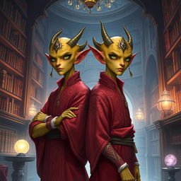 Detailed illustration of two youthful male identical twin Githyanki characters from Dungeons and Dragons