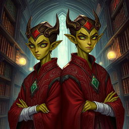 Detailed illustration of two youthful male identical twin Githyanki characters from Dungeons and Dragons