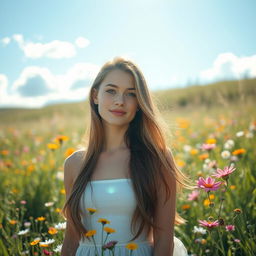 A beautiful young woman standing in a sunlit meadow, surrounded by colorful wildflowers