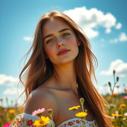 A beautiful young woman standing in a sunlit meadow, surrounded by colorful wildflowers