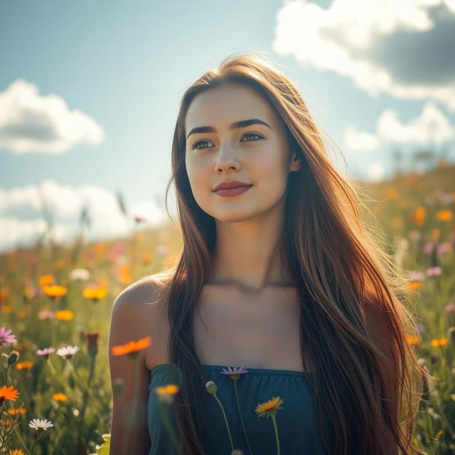 A beautiful young woman standing in a sunlit meadow, surrounded by colorful wildflowers