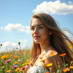 A beautiful young woman standing in a sunlit meadow, surrounded by colorful wildflowers