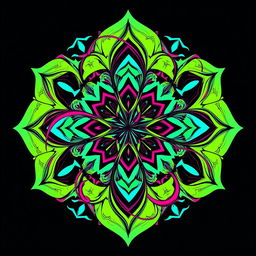 A dynamic and colorful design for a t-shirt featuring an abstract pattern that combines geometric shapes and swirling lines