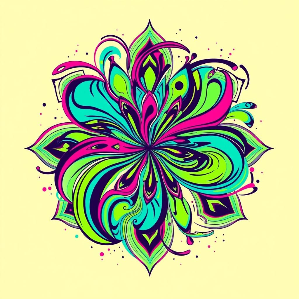 A dynamic and colorful design for a t-shirt featuring an abstract pattern that combines geometric shapes and swirling lines