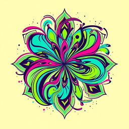 A dynamic and colorful design for a t-shirt featuring an abstract pattern that combines geometric shapes and swirling lines