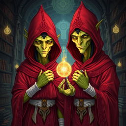 Detailed illustration of two male identical twin Githyanki characters from Dungeons and Dragons