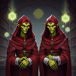 Detailed illustration of two male identical twin Githyanki characters from Dungeons and Dragons