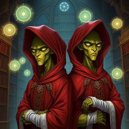 Detailed illustration of two male identical twin Githyanki characters from Dungeons and Dragons