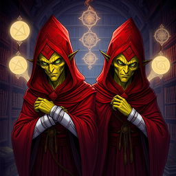 Detailed illustration of two male identical twin Githyanki characters from Dungeons and Dragons