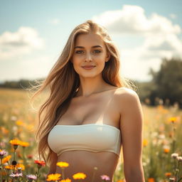 A beautiful young woman with a large bust standing in a sunlit meadow, surrounded by colorful wildflowers