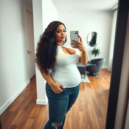 A stylish and artistic portrayal of a woman taking a mirror selfie, with an emphasis on voluptuous and full-figured features