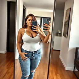 A stylish and artistic portrayal of a woman taking a mirror selfie, with an emphasis on voluptuous and full-figured features