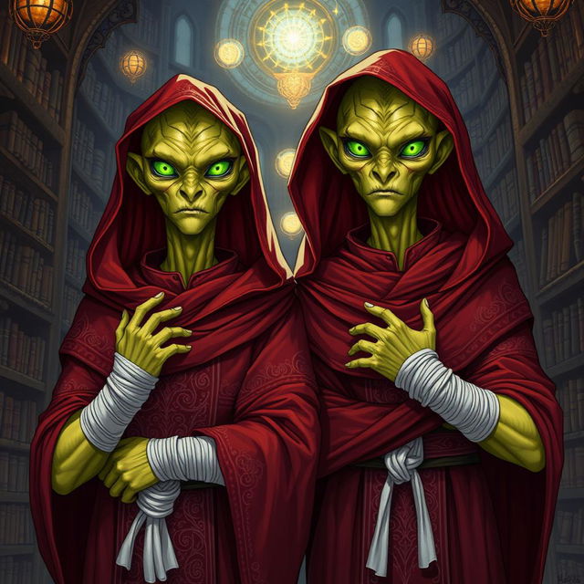 A detailed illustration of two young adult male identical twin Githyanki characters from Dungeons and Dragons