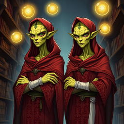 A detailed illustration of two young adult male identical twin Githyanki characters from Dungeons and Dragons