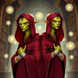 A detailed illustration of two young adult male identical twin Githyanki characters from Dungeons and Dragons