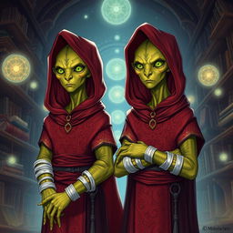 A detailed illustration of two young adult male identical twin Githyanki characters from Dungeons and Dragons