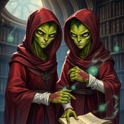 Detailed illustration of youthful male identical twin Githyanki characters from Dungeons and Dragons