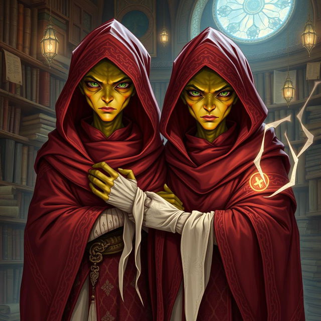 Detailed illustration of youthful male identical twin Githyanki characters from Dungeons and Dragons