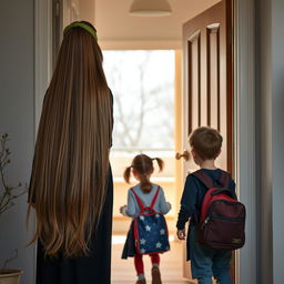 A mother with extremely long, silky hair, flowing freely with a hairband, wearing a black winter abaya, stands at the doorway