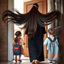 A mother with extremely long, silky hair, flowing freely with a hairband, wearing a black winter abaya, stands at the doorway