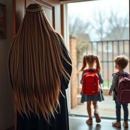 A mother with extremely long, silky hair, flowing freely with a hairband, wearing a black winter abaya, stands at the doorway